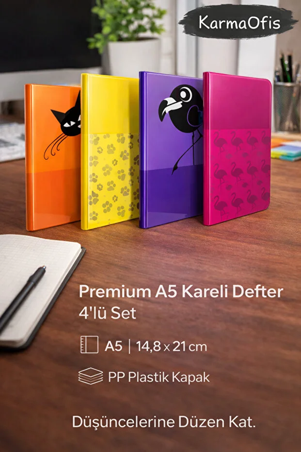 Premium A5 Kareli Defter 4’lü Set | PP Plastik Kapak, Dayanıklı ve Şık Tasarım Premium A5 Kareli Defter 4’lü Set | PP Plastik Kapak, Dayanıklı ve Şık Tasarım